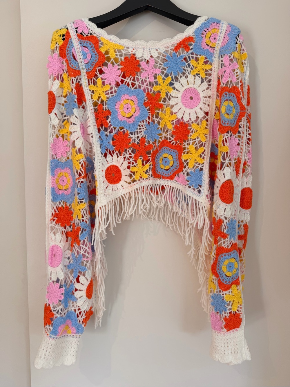 House of Harlow 1960 White Multi Crochet Floral Fringe Sweater